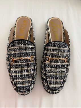 Sam Edelman Black and White Tweed Backless Loafers with Gold Horsebit